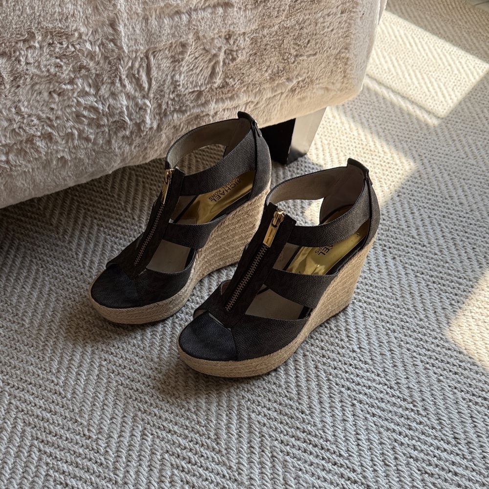 Michael Kors Black and Tan Wedge Sandals